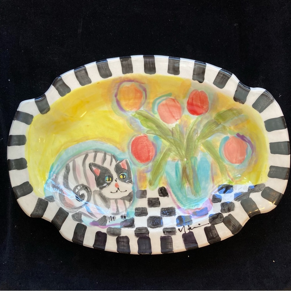 Handmade Ceramic Cat Still Life large Platter Original Design 14โx10โ